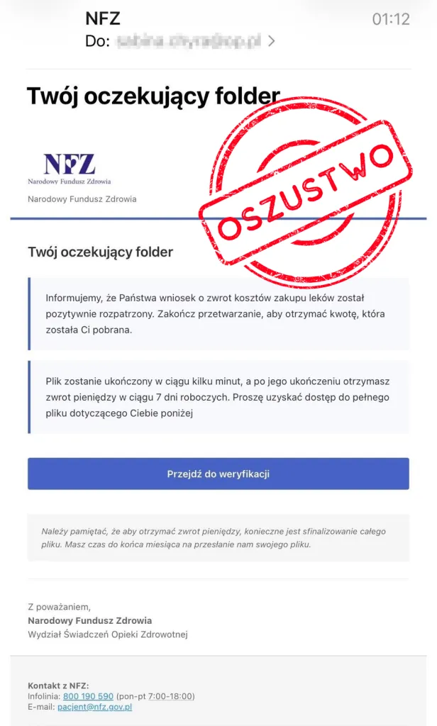Uwaga na e-maile od NFZ o “zwrocie kosztów zakupu leków”